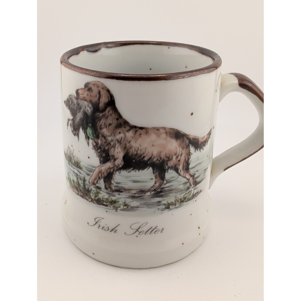 Vtg Hunting Irish Setter with Duck Speckled Coffee Mug Enesco Japan 4"